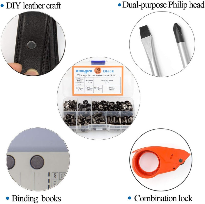 ALLOYPRO 90 Sets Chicago Screws Assorted Kit 6 Sizes Gun Metal Leather Rivets 3/16(5mm) Screw Rivets Phillip Head Book Binding Posts Nail Rivet Chicago Bolts for DIY Leather Craft (5 x 4,5,6,8,10,12) - Image 5